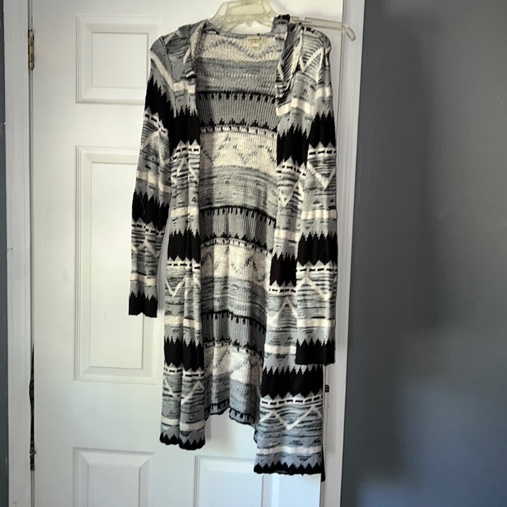 Black, grey, cream cardigan.